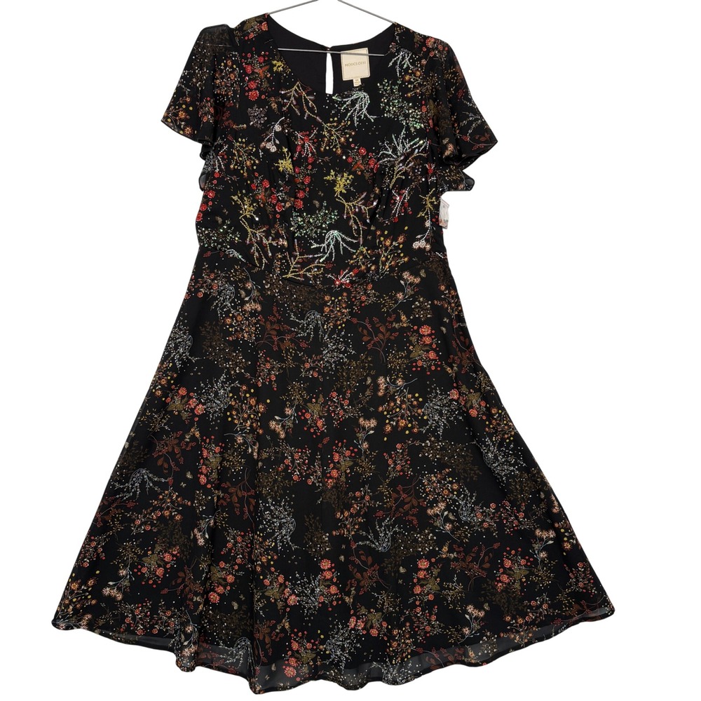 ModCloth Womens Dress 1X Black Embellished To Perfection Floral Sequin Flutter